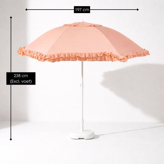 Mica Decorations Kippbarer Sonnenschirm mit Rüschen – Stangensonnenschirm 238 x Ø 195 cm – Garten- oder Balkonsonnenschirm – Polyester, Stahl – Pfirsich