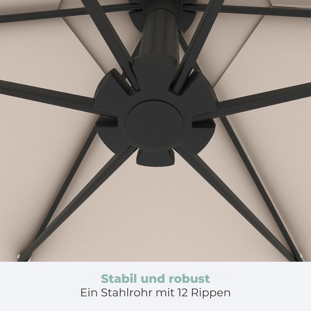 LifeGoods - Schwebender Sonnenschirm - bis zu 8 Personen - 300cm - Wasserdicht - mit Abdeckung und Kreuzfuß - Garten oder Strand - Creme
