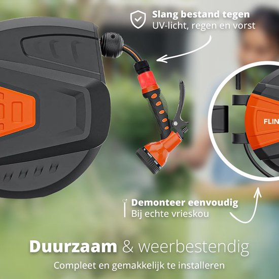 FlinQ Gartenschlauchaufroller 30 Meter – Automatischer Schlauchaufroller – Um 180° drehbarer Wandaufroller – Wandschlauchbox mit Gartenschlauch, Aufroller und Sprühkopf – 9 Sprühstufen