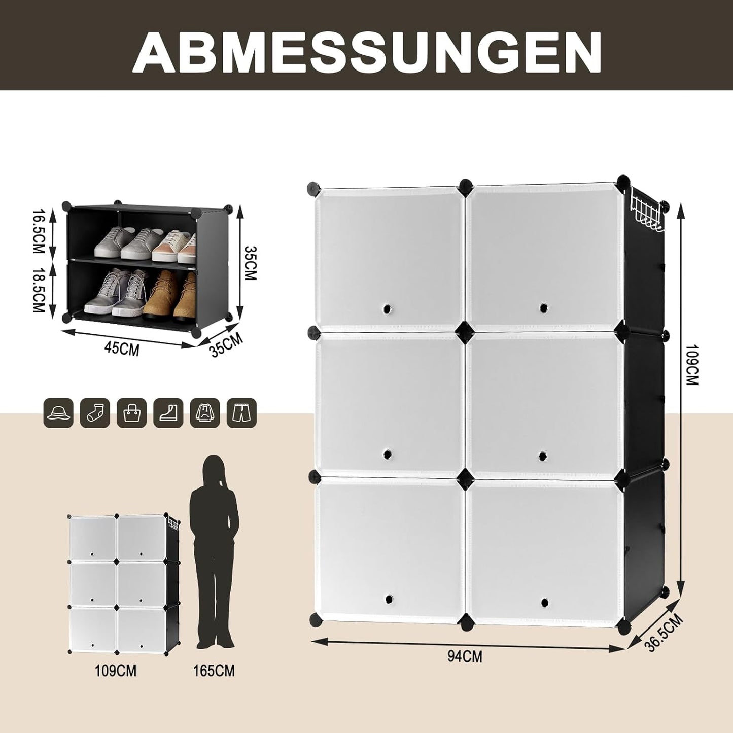 Woltu Schuhregal mit 6 Fächern – Aufbewahrungsschrank für 24 Paar Schuhe – Weiß/Schwarz – 94 x 36,5 x 109 cm