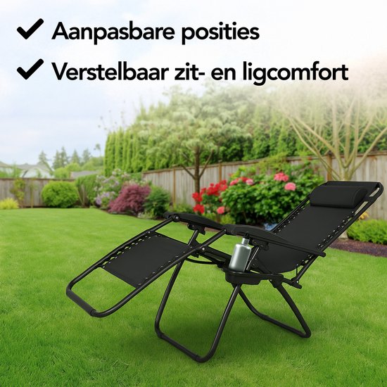 Brixy Faltbarer Gartenstuhl - Liegestuhl - Faltbar - Verstellbar - Ergonomisches Kopfkissen - Metall - Textil - Schwarz