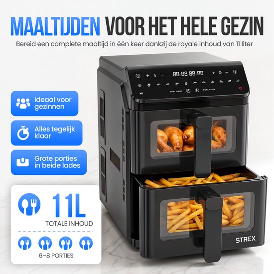 Strex Airfryer mit zwei Körben, 11 l, XXL-Heißluftfritteuse, 2500 W – Airfryer mit 2 Körben – Dual Basket – 13 Kochprogramme – Große vertikale Airfryer für die ganze Familie