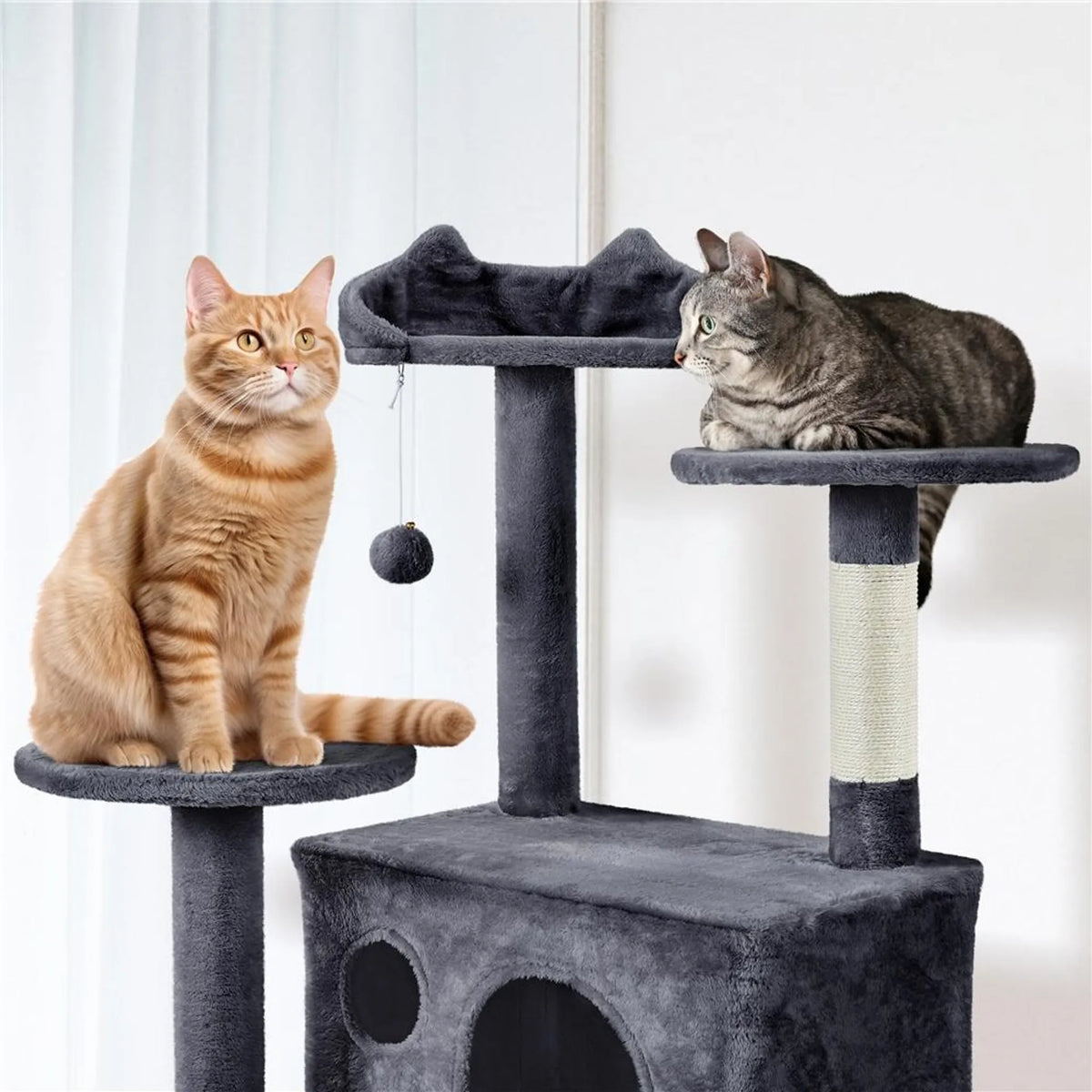 Yaheetech Katzenpfosten XXL mit zwei Katzenkörben - ausgestattet mit Kletterrampe und Katzenohr-Liege und hängenden Spielbällen - für Haushalte mit mehreren Katzen - dunkelgrauer Plüsch und Sisal - 59,5 x 55 x 202,5 cm