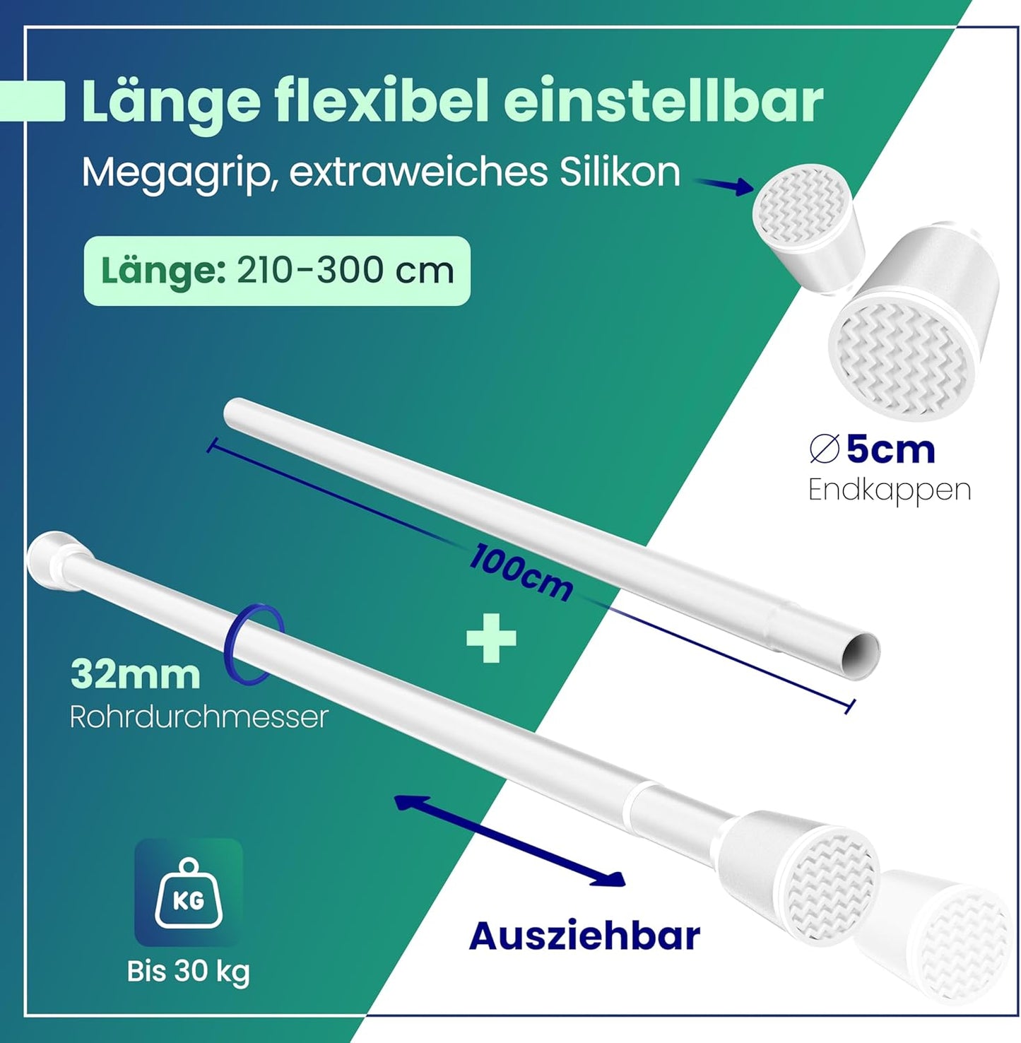 LOBUX® - Gardinenstange ohne Bohren [weiß, 210-300cm] - Teleskopstange Gardinenverlängerung - Duschstange ohne Bohren - Gardinenstange, Duschvorhangstange, Kleiderstange, Klemmstange Katzennetz