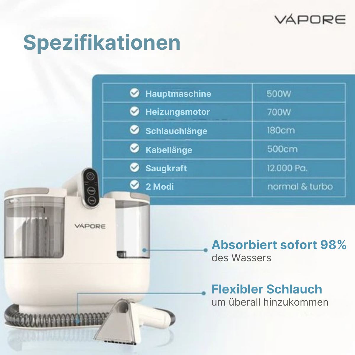 Vapore - Teppichreiniger - Möbelreiniger - 1200W - 1,79m Schlauch - Beige/Weiß