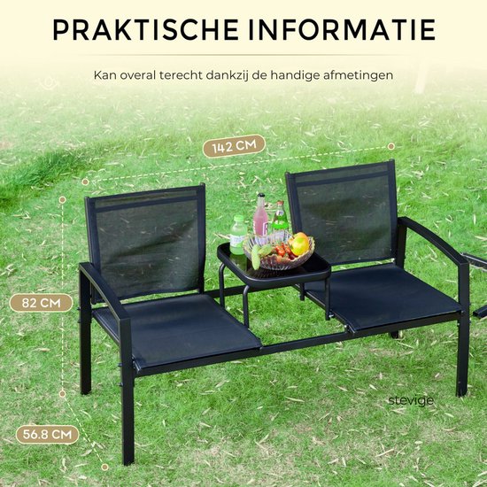 O'DADDY® Gartenbank - Gartenbänke wetterfest - Gartenbänke - Gartenbank - Gartenbank mit Tisch - Außenbank - Für 2 Personen - 142 x 57 x 82 cm - Metall - Schwarz