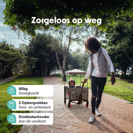 LifeGoods Wagon - faltbar - Kindertransport - mit Dach - 80KG Tragfähigkeit - Strandwagen - schwenkbare Räder - grau