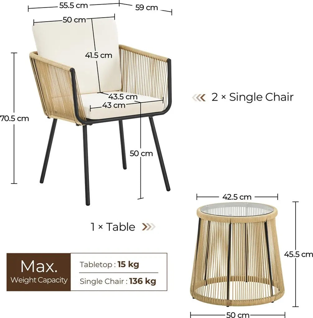Yaheetech Gartenmöbel-Set, 3-teilig – Hellbraun/Cremefarben – Balkon-Set aus Polyrattan mit rundem Beistelltisch sowie Sitz- und Rückenkissen