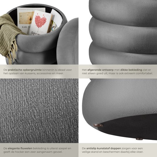 tectake® Hocker mit Ablage - Scandi Hocker Samtstoff - Runder gepolsterter Hocker für Frisiertisch, Schlafzimmer, Wohnzimmer oder als Flurmöbel - Ablagehocker - grau
