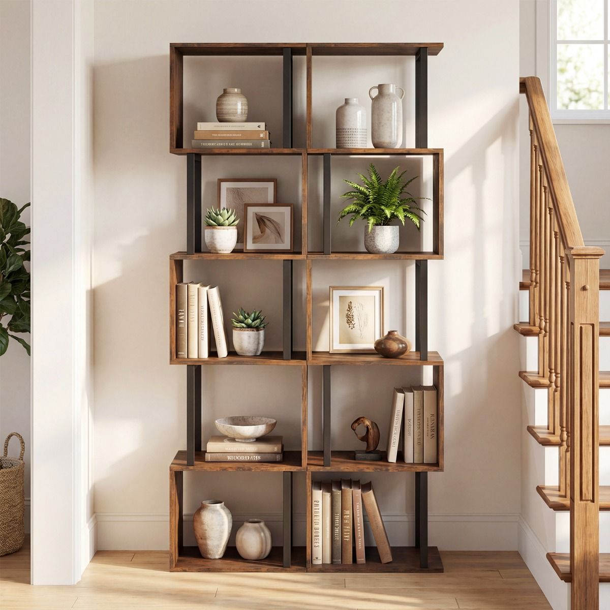 Coast Bücherregal mit 5 Regalböden – geometrisches Design – Metallgestell – schwarz/rustikales Braun