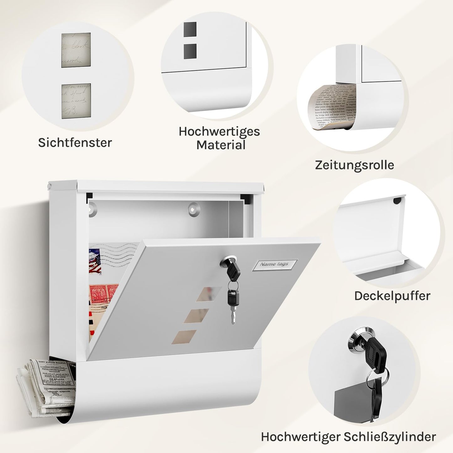 Woltu Wandbriefkasten – 10 × 30,8 × 33,8 cm – Zeitungsfach – Namensschild – Weiß