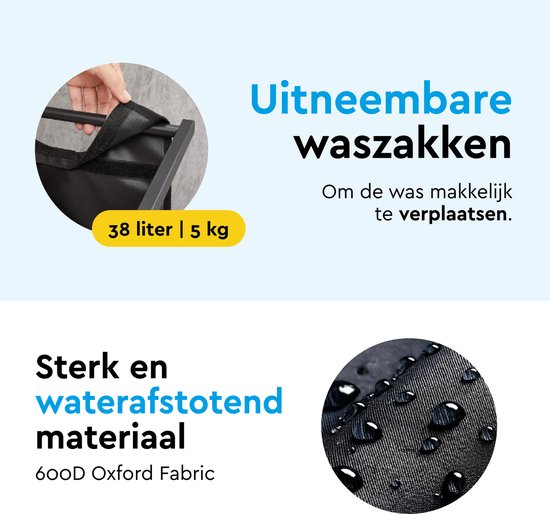 BRASQ Wäschekorb 2 Fächer - Wäschesortierer 76 Liter - Ausziehbar mit Regal 73x33x71 cm - Wäschebox Schwarz Metall - Braunes Holz - Korb