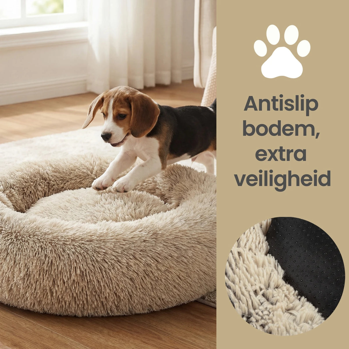 JOYFURNOS Donut-Hundekorb mit herausnehmbarem, waschbarem Kissen – Weiches Plüschsofa – 70 cm – Khaki