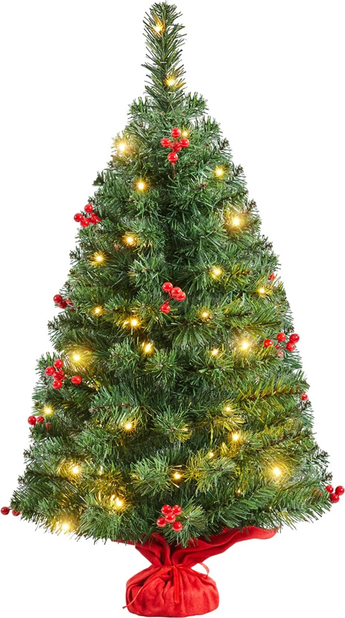 Yaheetech Tisch-Weihnachtsbaum mit Lichtern - 48 x 48 x 90 cm - Ausgestattet mit 50 LED-Lichtern und 60 roten Beeren und Betonsockel mit rotem Tuch - Für Sideboard und Büro - Grünes PVC und Beton