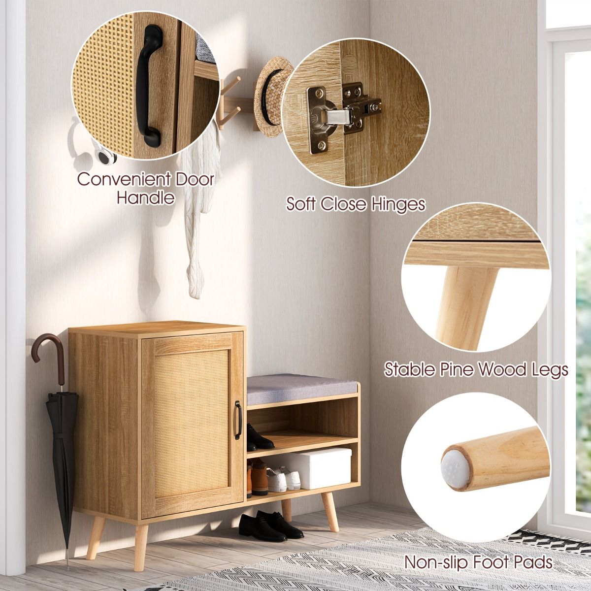 Coast Rattan-Schuhschrank mit Bank 2-in-1 - Natur, 105 x 35 x 76 cm, 3 verstellbare Einlegeböden, Kiefernholzbeine