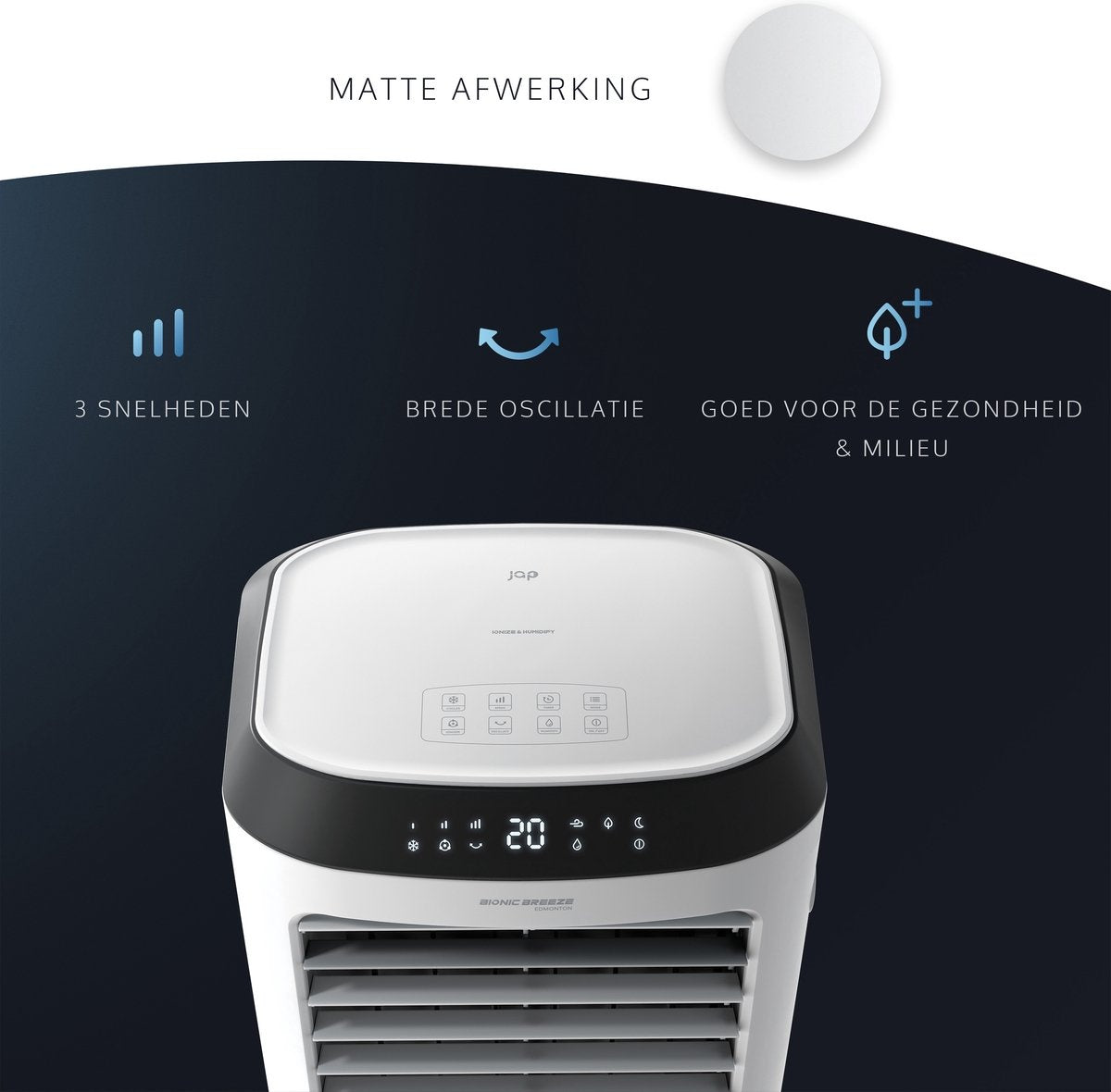 JAP Edmonton - 4in1 Mobiles Klimagerät mit Wasser - Fernbedienung und Timer - Inkl. Kühlelemente - Oszillierender Luftbefeuchter - Standventilator - Mattweiß