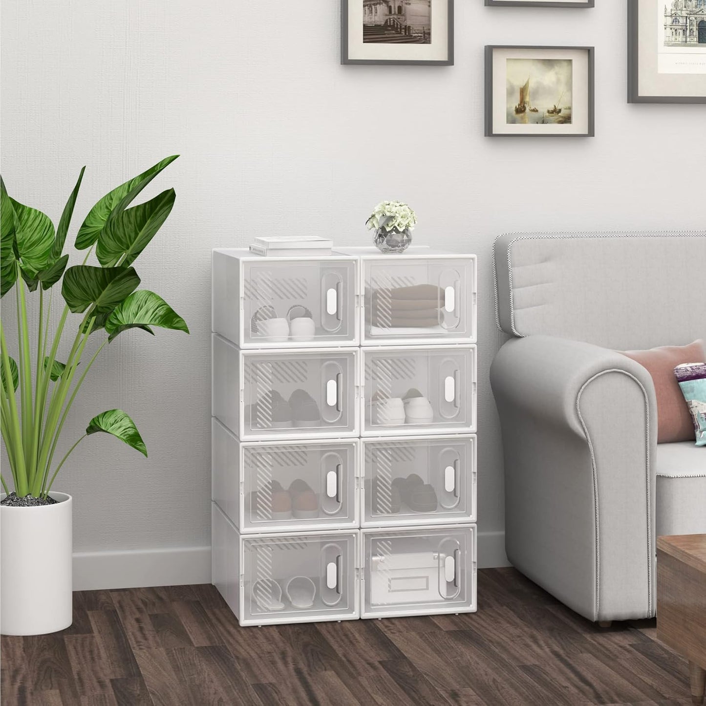 Woltu Schuhkartons, 8er-Set – Transparent-Weiß – Stapelbare Aufbewahrungsboxen mit Klappdeckel – Schuhaufbewahrung aus Kunststoff – 25 x 19 x 35 cm