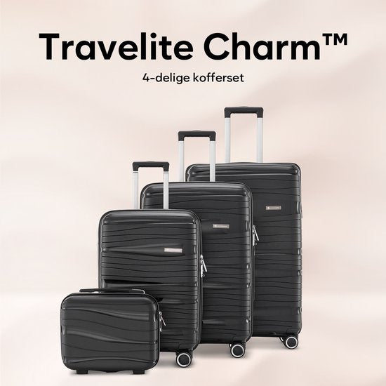 SKYCASES Travelin' Charm 4-teiliges Trolley Set - Handgepäck & Check-in Koffer - 32L/60L/98L - Zahlenschloss - 360° geräuschlose Räder - Leicht & Stabil - Modernes Design - Schwarz V2