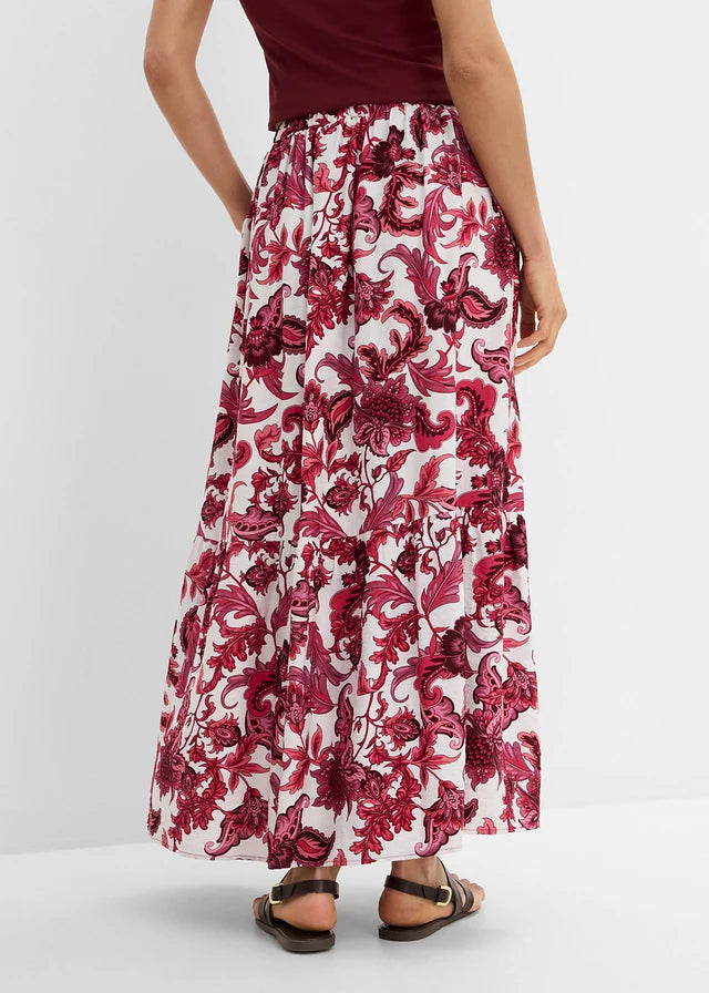 Bonprix-Maxirock aus geschmeidigem Viskose-Mix – Regular – Ahornrot/Wollweiß mit Blumenmuster