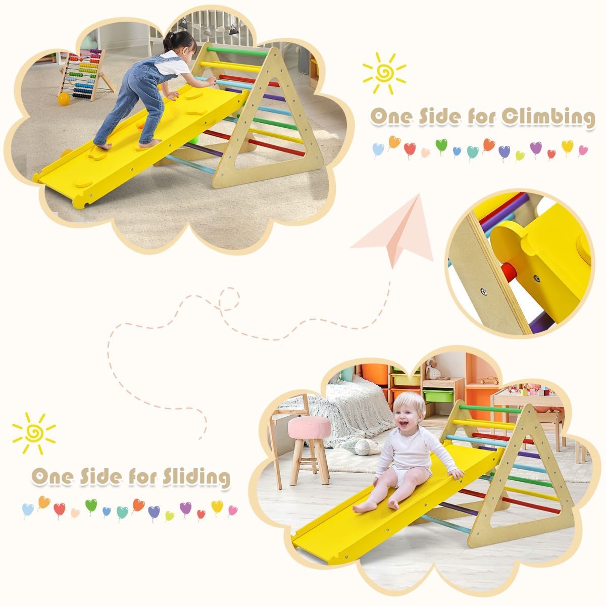 Coast 3-in-1-Kletterspielzeug-Set für Kleinkinder - Bunt - Große Dreiecksleiter 79,5x59,5x70 cm, Kleine Dreiecksleiter 59,5x51x45 cm, Kletterrampe 110x48x7,5 cm