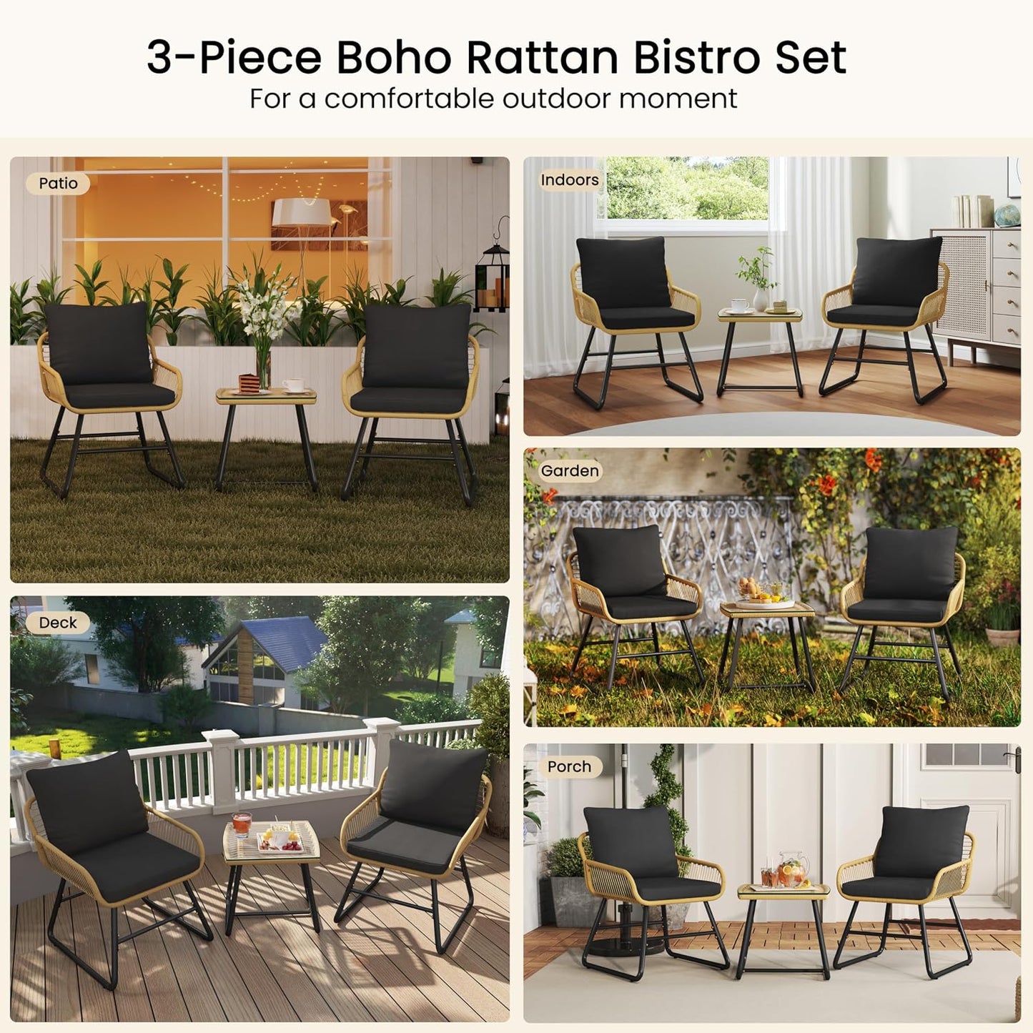 Yaheetech 3-teiliges Bistro-Set für den Garten – Beige/Schwarz – Rattan-Gartenset mit Glastisch und 2 Stühlen