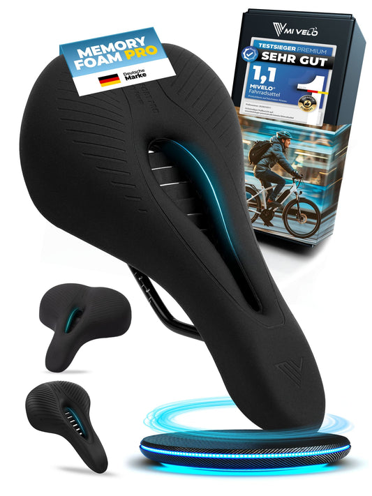 MIVELO - Comfort Pro MTB Fahrradsattel - Ergonomisch mit Memory Foam - 100% Wasserdicht - 28 cm x 14 cm - Schwarz