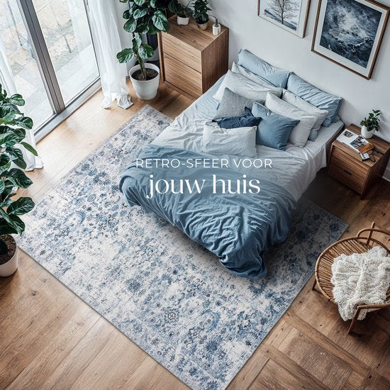 tectake® Teppich im Vintage-Design - Niederflorteppich - Boho-Teppich - Für Wohnzimmer, Schlafzimmer, Kinderzimmer oder Jugendzimmer - Waschbar - 200cm x 274cm - blau