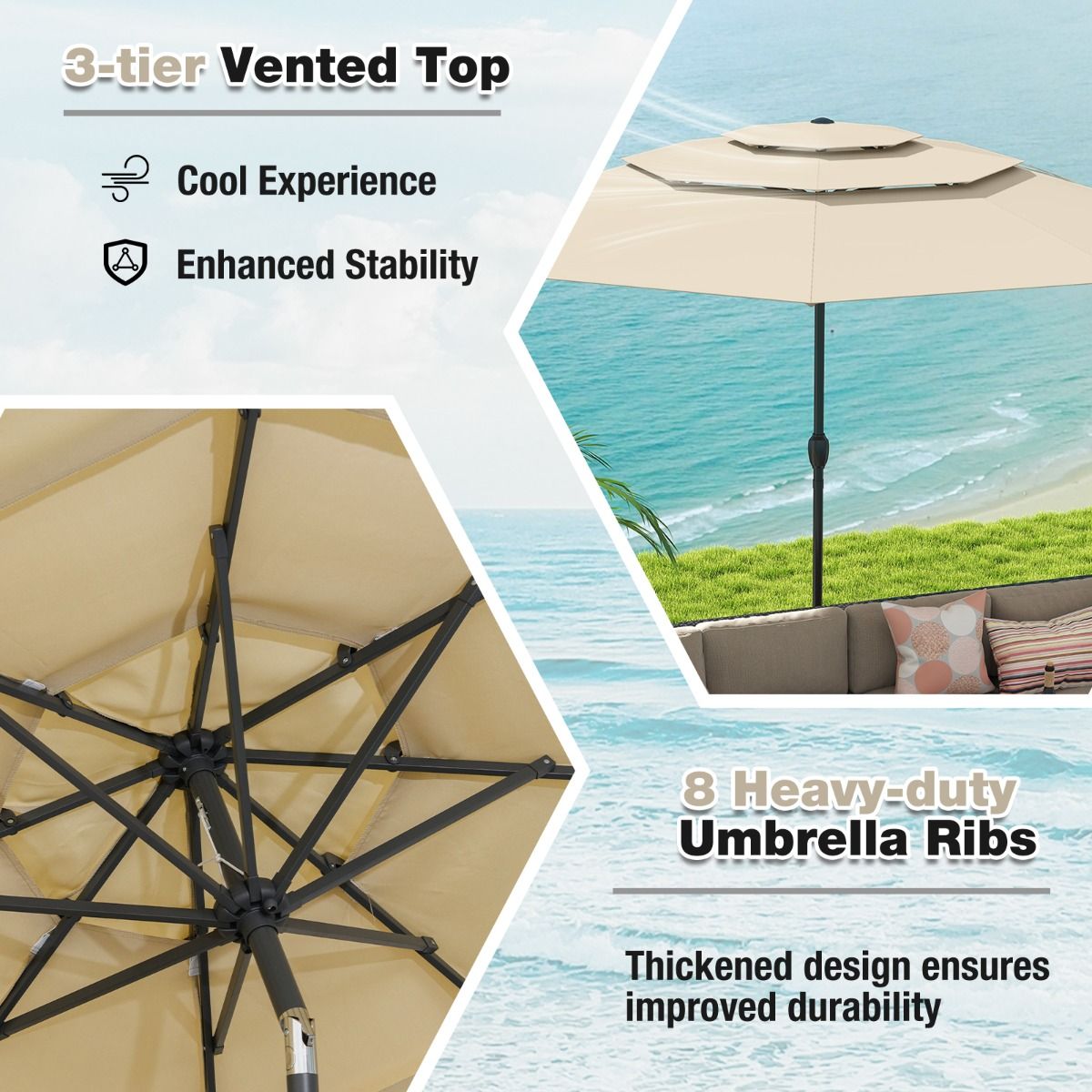 Coast Tischsonnenschirm – 3-lagig, belüftet – Neigbar mit Handkurbel – 300 cm Durchmesser – Beige