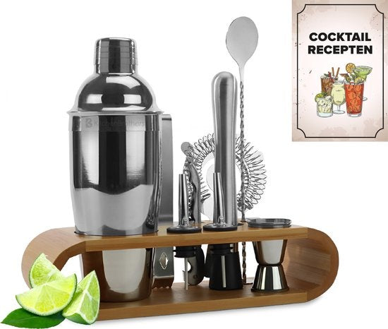 KitchenBrothers Cocktail Set mit Cocktail Shaker - 11 Teile - Komplettset - Geschenkverpackung - Naturholz