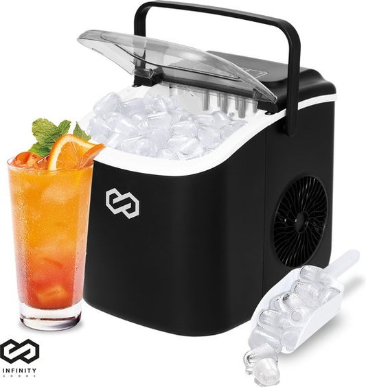 Infinity Goods Eiswürfelbereiter - 1.3L - Mit Eisportionierer - Selbstreinigungsfunktion - 12KG / 24U - 9 Würfel / 6 Min - Schwarz
