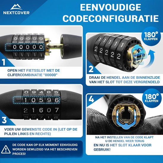 NEXTCOVER® Digit Lock Fahrradschloss - Das Original - [SAFESECURE] Hohe Sicherheit - Fahrradschlösser mit 5-stelligem Zahlencode, Zahlenschloss Fahrradstahl - Fahrradschloss perfekt für E-Bike - Kettenschloss Schwarz