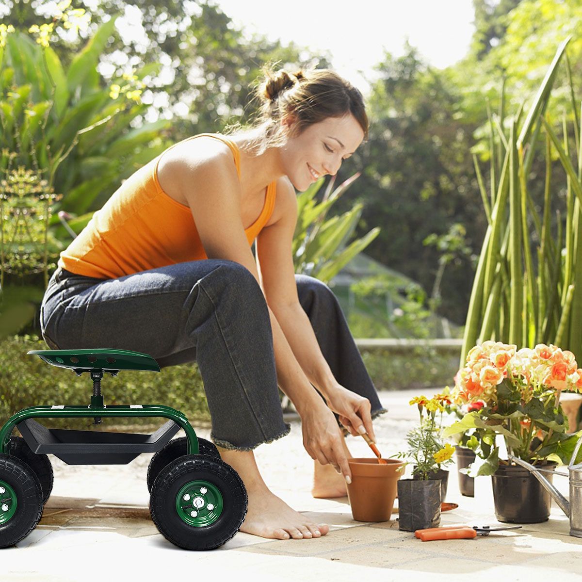 Coast Gartenwagen mit verstellbarem Griff – ergonomischer Sitz – Ablagekorb und Werkzeugkästen – grün