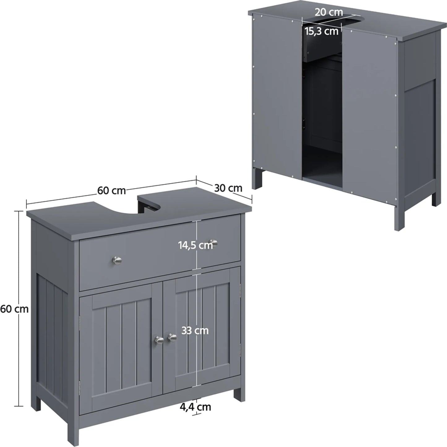 Yaheetech Unterschrank mit Schublade und zwei Fächern - Ausgestattet mit Siphonausschnitt und wasserabweisender Beschichtung und Metallbeschlägen - Für Badezimmer im Landhausstil - Dunkelgraues Mdf und Metall - 60 x 30 x 60 cm