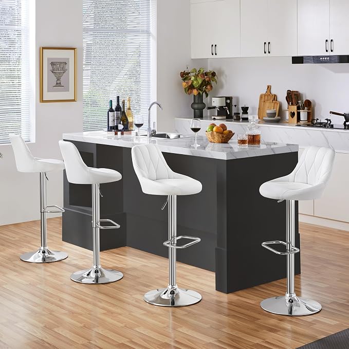 Yaheetech Barhocker mit Rückenlehne und Fußstütze – Kunstleder – Verstellbar von 86 bis 107,5 cm – 46 x 49 cm – Weiß