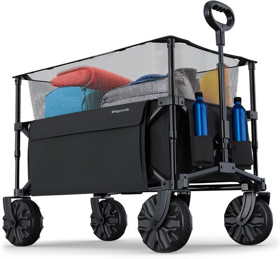 LifeGoods Wagon - Faltbarer Wagen - 100KG - 230L - Erhöht - Mit Schutzhülle - Schwarz
