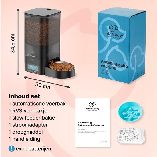 Jake and Jacky Futterautomat für Katzen und Hunde - 5 Liter - inkl. Edelstahl-Futterautomat & Slowfeeder - Futterspender & Anti-Schnapp-Schale - Futterautomat für Katzen & Hunde - Schwarz