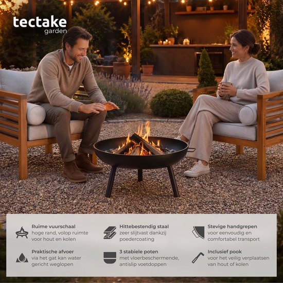 tectake® Feuerkorb Diablo – Hitzebeständiger Stahl – Feuerschale mit Feuerzange – Ø 57,5 cm – Gartenkamin – Stimmungsfeuer für den Außenbereich – Mit Griffen und Wasserablauf – Für Brennholz und Holzkohle