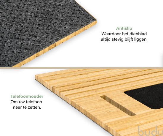 Budu Armlehnentablett für Sofa - Flexibel - Armlehnenorganisator - Bambusholz - Rutschfest - Telefonhalter