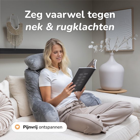 Soft & Silky Lesekissen fürs Bett - Gute Haltung - Mit 3 Ablagefächern - Für den unteren Rücken - Fürs Sofa - Grau