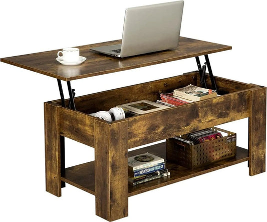 Yaheetech Couchtisch mit Lift-Top-Funktion - verfügt über versteckte Lagerung und Metall-Mechanismus und unten Regal - für Wohnzimmer und Büro - Vintage braun-schwarz Mdf und Metall - 98 x 50 x 41,8-55 cm