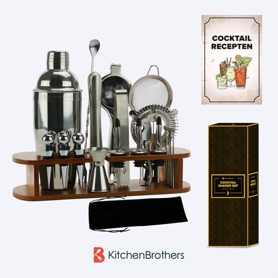 KitchenBrothers Cocktail Set mit Cocktail Shaker - 25 Teile - Deluxe Set - Geschenkverpackung - Hellbraun/Bambus
