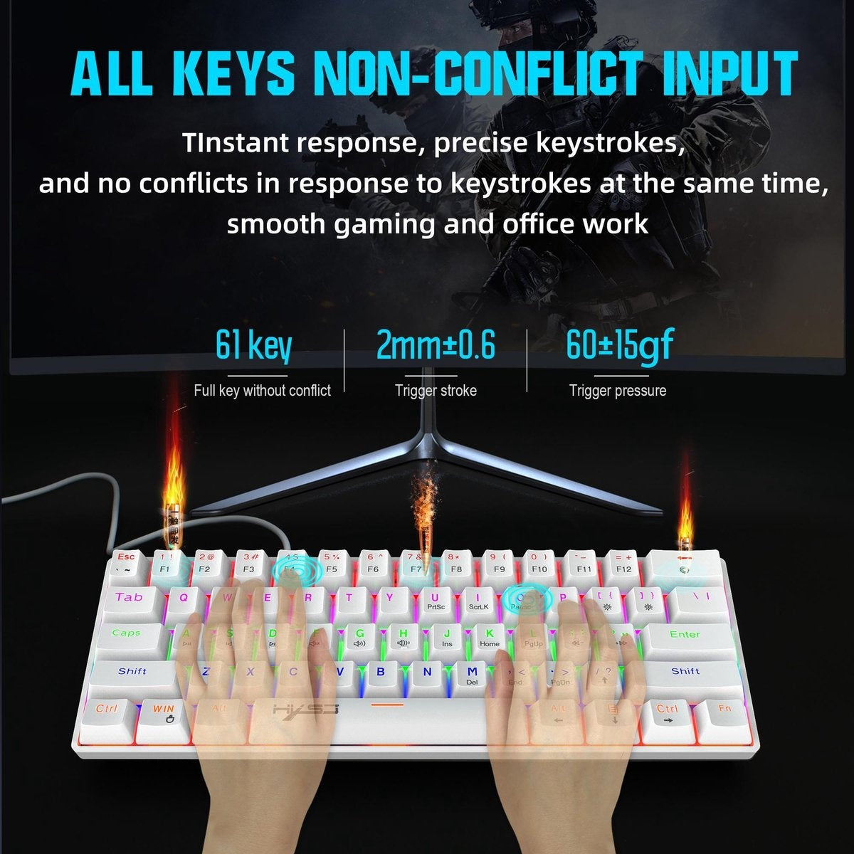 HXSJ V900 - Mechanische Gaming-Tastatur - RGB-Beleuchtung - Ergonomisch - QWERTY - 61 Tasten - blauer Schalter - Weiß