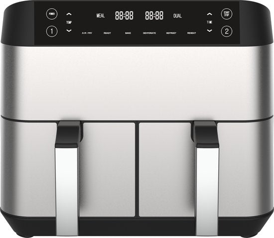 Niceey - Double Airfryer - XXL - Zwei Garräume - 8,0 Liter - 2460 Watt - Heißluftfritteuse - inkl. Kochbuch - Silber