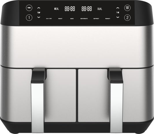Niceey - Double Airfryer - XXL - Zwei Garräume - 8,0 Liter - 2460 Watt - Heißluftfritteuse - inkl. Kochbuch - Silber