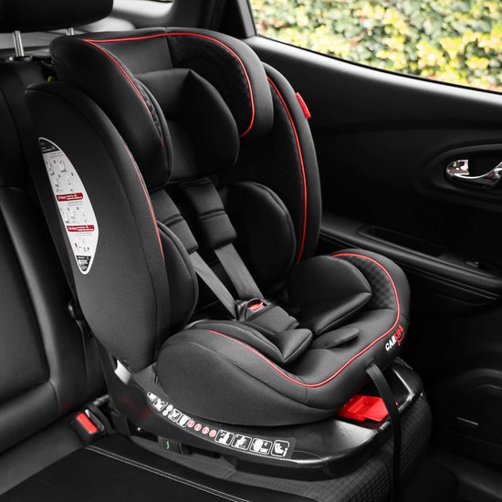 Carkids i-Size-Kindersitz Darcy – Entspricht der Norm i-Size R-129 - Um 360° drehbar - Für Kinder von 40 bis 150 cm - Isofix- und Top-Tether-Befestigung - Verstellbare Kopfstütze und Rückenlehne – Schwarz/Rot