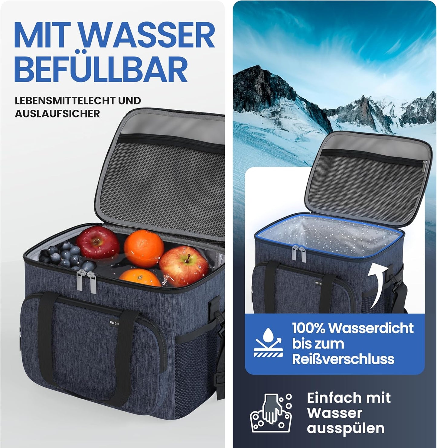 HELDENWERK Kühltasche - Klein & faltbar - 10 Liter Thermo-Lunchbag - Isoliert, wasserdicht & auslaufsicher - Picknicktasche - Marineblau
