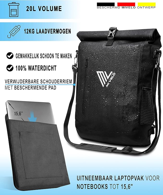 Mivelo 3 in 1 Fahrradtasche - Fahrradrucksack - Umhängetasche wasserdicht 100% PVC-frei, mit Laptopfach, Gepäckträgertasche für alle Arten von Fahrradträgern - Schwarz
