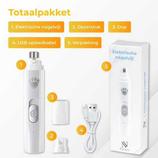 Nuvance - Elektrische Nagelfeile - für Hunde, Katzen und Tiere - Usb wiederaufladbar - Diamantfeilenkopf - kabellos - weiß
