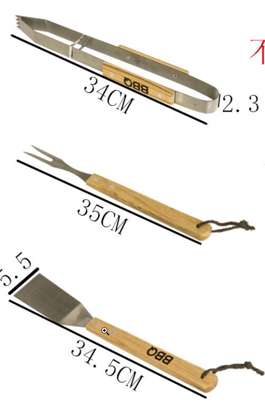 BBQ/Grillwerkzeug-Set 3-teilig mit Holzgriffen - Zange - Gabel - Spatel