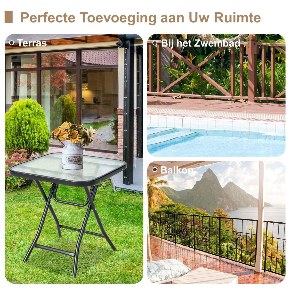 Coast Terrace Beistelltisch quadratischer Glastisch mit Edelstahlgestell klappbarer Couchtisch schwarz